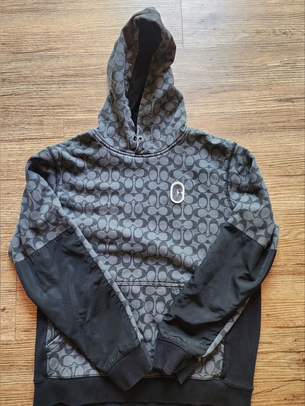 Sz L - Coach Men's Signature Pattern Hoodie in Charcoal and Black